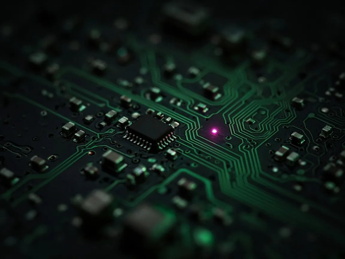 Macro photograph of a circuit board under green light.