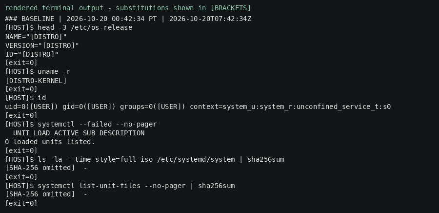Rendered terminal output (redacted) — baseline: OS, kernel, service-list hash.