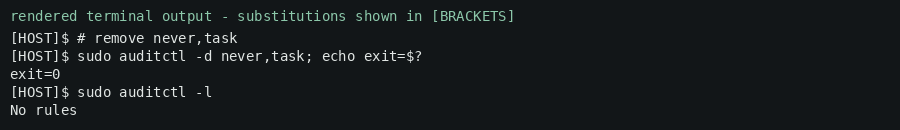 Rendered terminal output (redacted) — removing the default never,task rule.