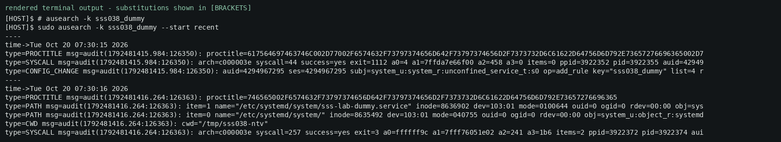Rendered terminal output (redacted) — audit search now shows the rule add and a PATH create event.