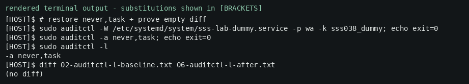 Rendered terminal output (redacted) — default rule restored; rule list matches the baseline.