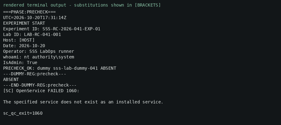 Rendered terminal output (redacted) — precheck: dummy service absent.