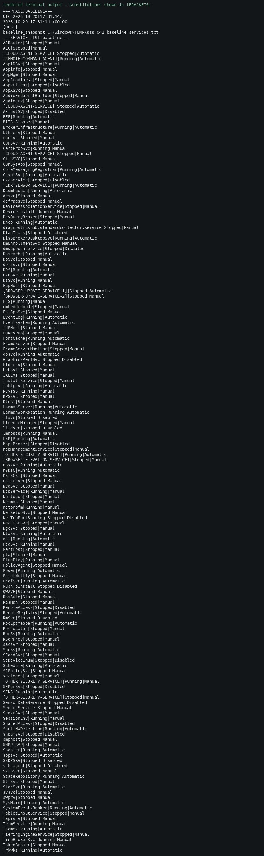 Rendered terminal output (redacted) — baseline service list and process-creation auditing off.
