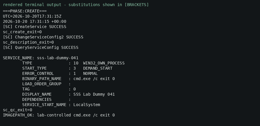 Rendered terminal output — create the harmless dummy service (demand start).