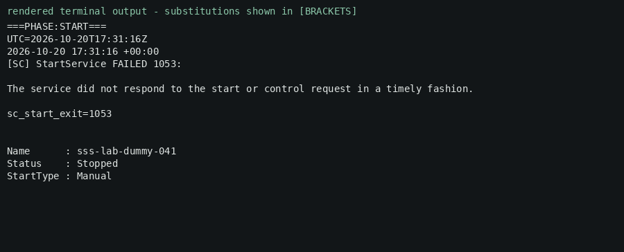 Rendered terminal output — start attempt failed (1053); service never reached a running state.