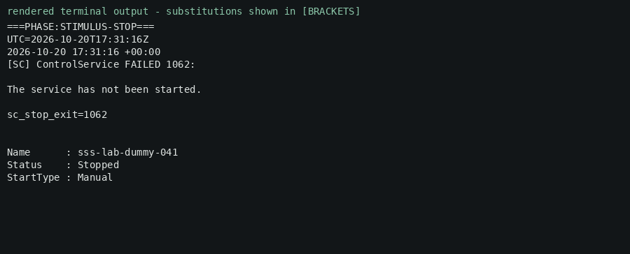 Rendered terminal output — stop request refused (1062) because the service was not started.