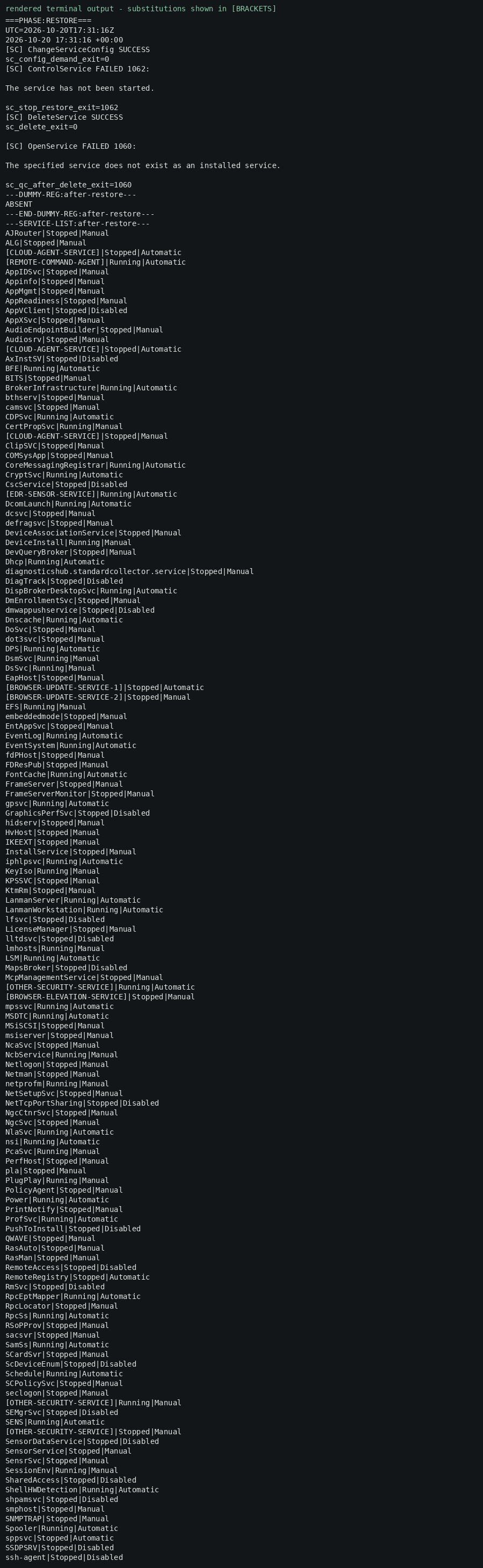 Rendered terminal output (redacted) — restore: re-set to demand, delete; dummy and registry key absent.