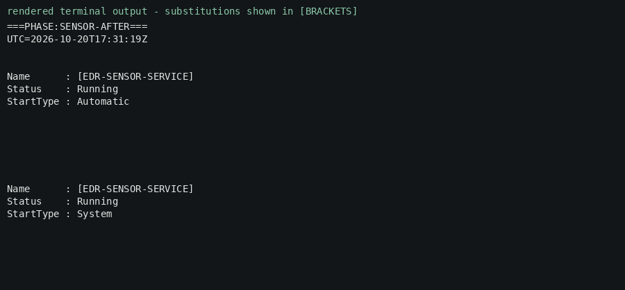 Rendered terminal output (redacted) — EDR sensor service still Running afterward (read-only check).