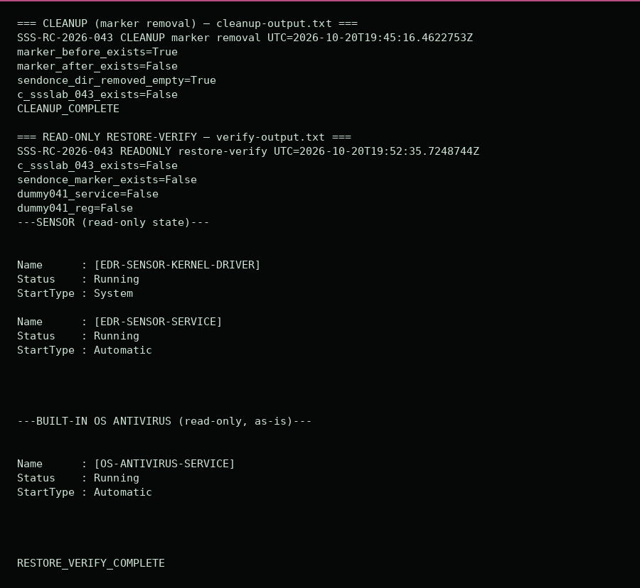 Rendered terminal output (redacted): restore. Lab files removed, and the EDR sensor and built-in antivirus still running in a later read-only check.
